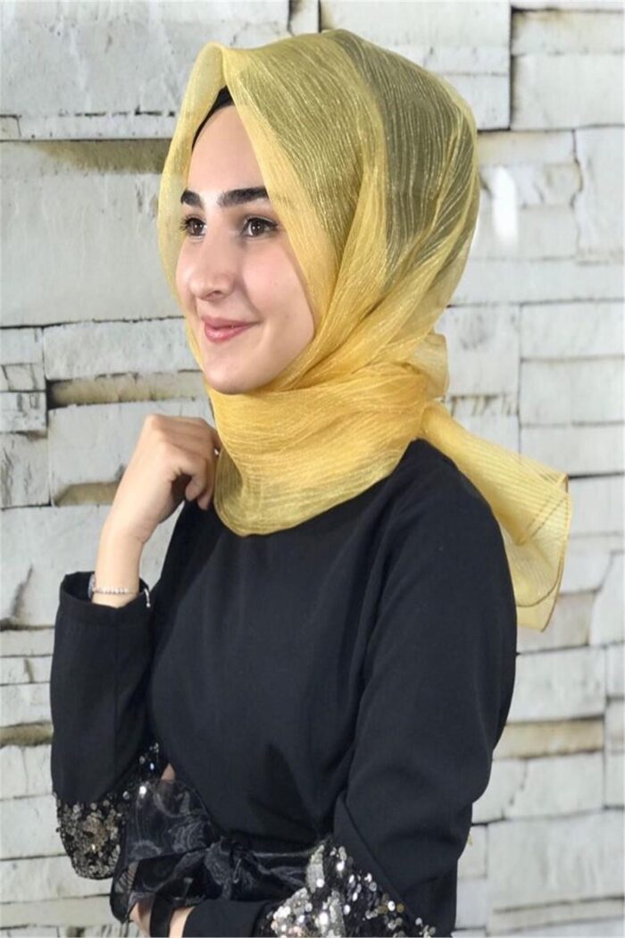 Abiye İpek Hareketli Çizgi Simli Şal Altın Sarısı - Görsel 1