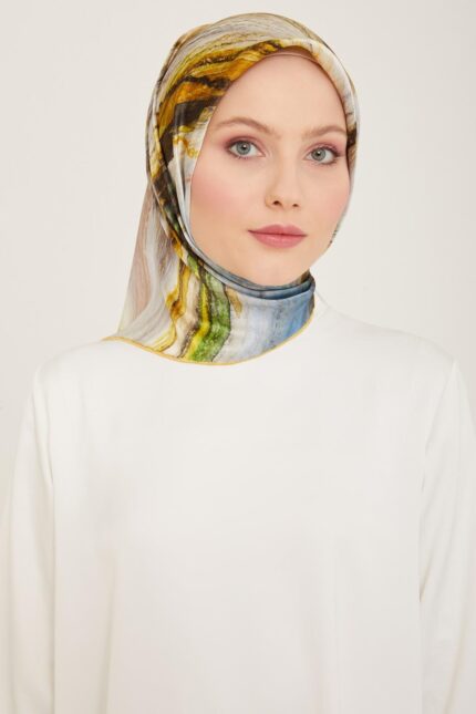 Armine Gri - Hardal Batik Desen Sura İpek Eşarp 9102 - 36