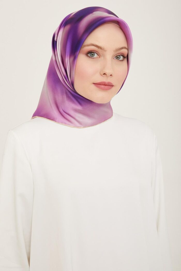 Armine Lila-Cappucino Geçişli Çiçek Desen Tivil İpek Eşarp 9124-35 - Görsel 1