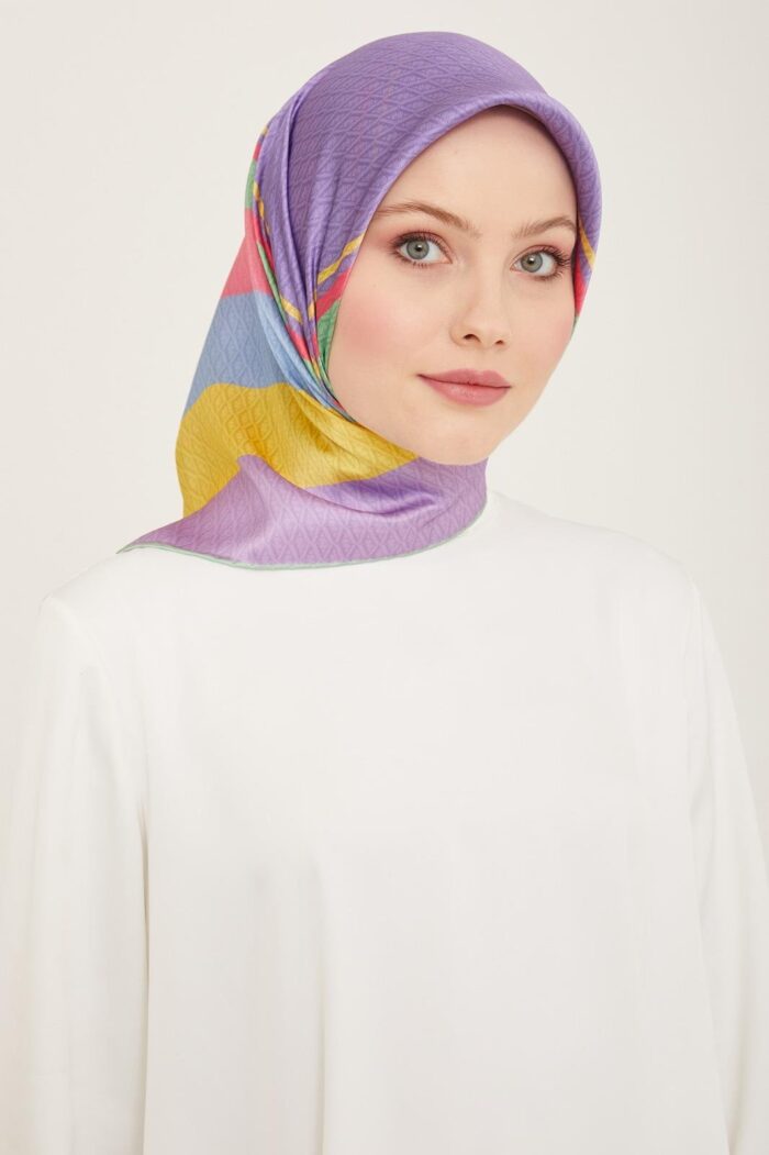 Armine Lila-Sarı Geçişli Monogram Desen Sura İpek Eşarp 9111-82 - Görsel 1