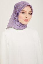 Armine Lila-Soft Yeşil Dijital Örgü Desen Sura İpek Eşarp 9152-04