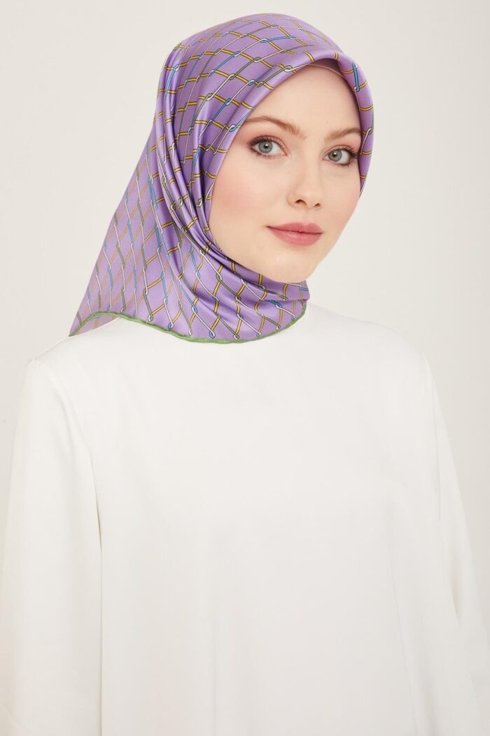 Armine Lila-Soft Yeşil Dijital Örgü Desen Sura İpek Eşarp 9152-04 - Görsel 1
