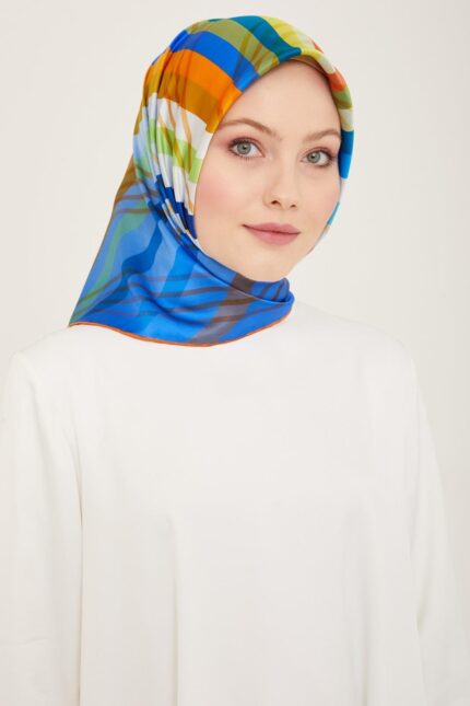 Armine Mavi - Hardal Çizgi Desen Sura İpek Eşarp 9107 - 31