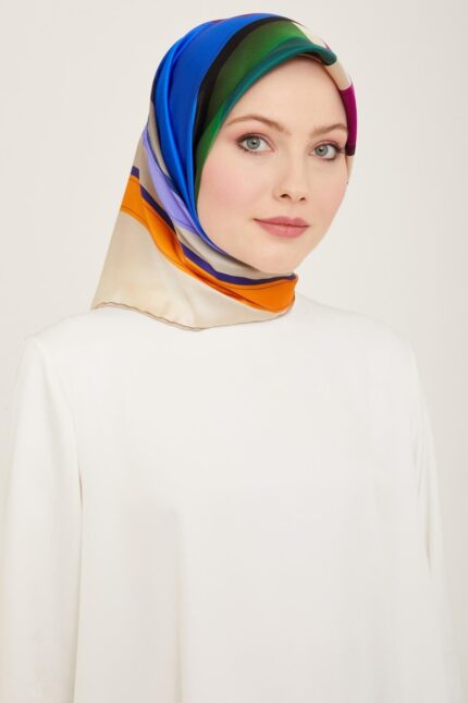 Armine Mor - Mavi Geometrik Desen Sura İpek Eşarp 9122 - 31