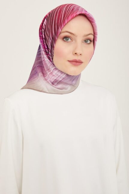 Armine Mor - Pembe Çizgili Desen Tivil İpek Eşarp 9143 - 34