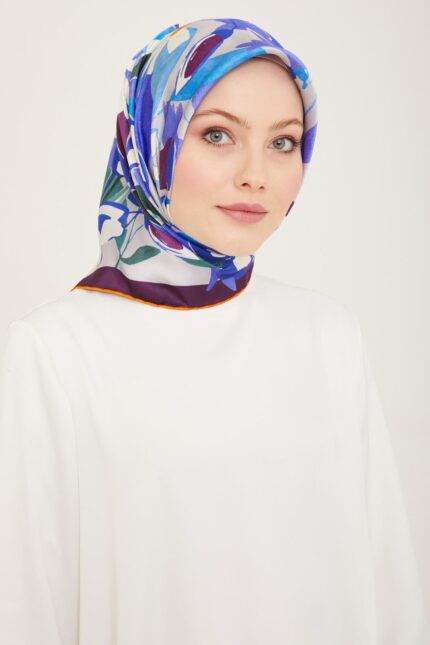 Armine Patlıcan Mor - Mavi Çiçek Desen Tivil İpek Eşarp 9153 - 61