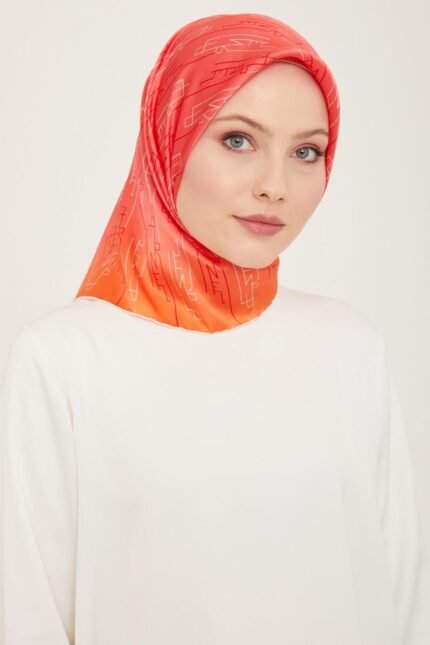 Armine Pembe - Turuncu Yazı Desen Tivil İpek Eşarp 9142 - 81