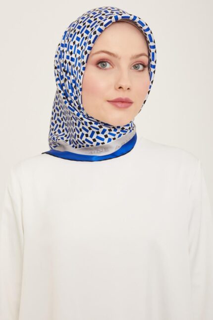 Armine Saks Mavi - Siyah Geometrik Desen Sura İpek Eşarp 9151 - 38