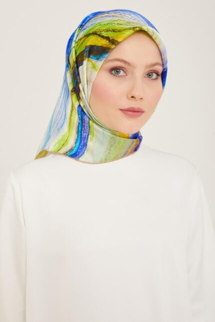 Armine Saks Mavi - Yeşil Batik Desen Sura İpek Eşarp 9102 - 83