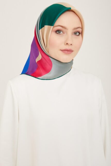 Armine Saks Mavi - Zümrüt Yeşil Dalga Desen Tivil İpek Eşarp 9148 - 80