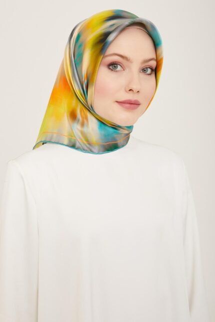 Armine Sarı Yeşil Batik Desen Sura İpek Eşarp 9136 - 82