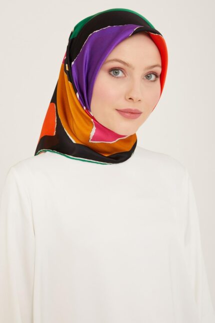 Armine Siyah Geometrik Desen Tivil İpek Eşarp 9125 - 06