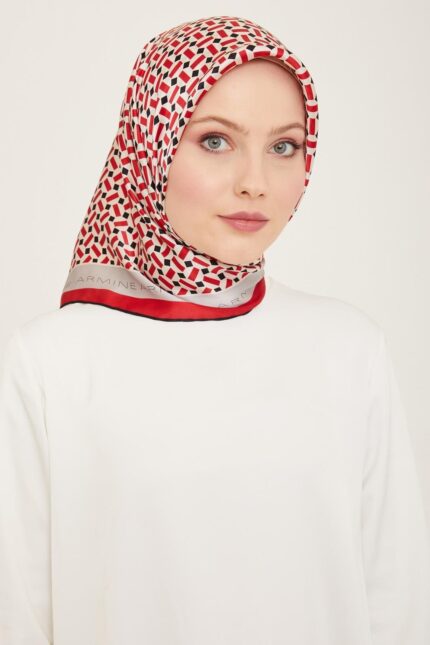 Armine Siyah - Kırmızı Geometrik Desen Tivil İpek Eşarp 9151 - 31