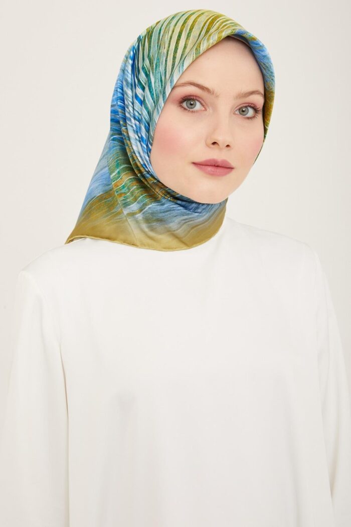 Armine Soft Yeşil - Mavi Çizgili Desen Tivil İpek Eşarp 9143 - 05 - Görsel 1
