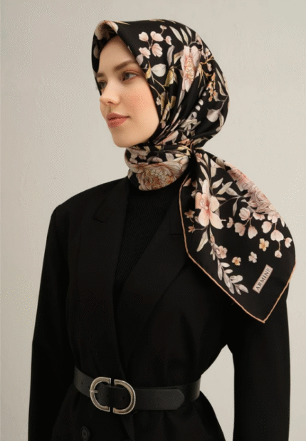 Armine Tivil İpek Eşarp 9347 - 04 Siyah Karışık Desen