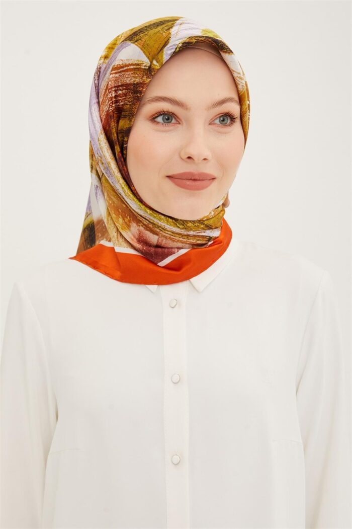 Armine Taba Batik Desen Tivil İpek Eşarp 8932-31 - Görsel 1