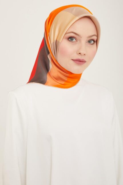 Armine Turuncu - Gri Dalga Desen Sura İpek Eşarp 9148 - 82