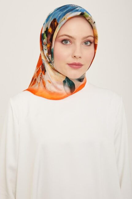 Armine Turuncu - İndigo Çiçek Desen Tivil İpek Eşarp 9133 - 35