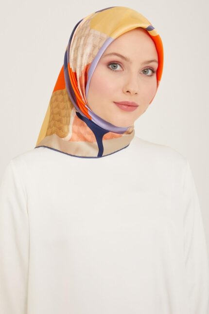 Armine Turuncu - Lila Lale Desen Sura İpek Eşarp 9119 - 32