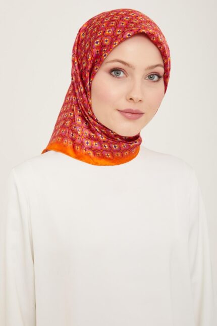 Armine Turuncu Mini Çiçek  Desen Tivil İpek Eşarp 9134 - 50