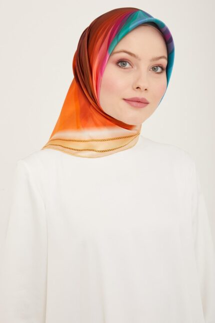 Armine Turuncu - Yeşil Hologram Desen Sura İpek Eşarp 9112 - 03