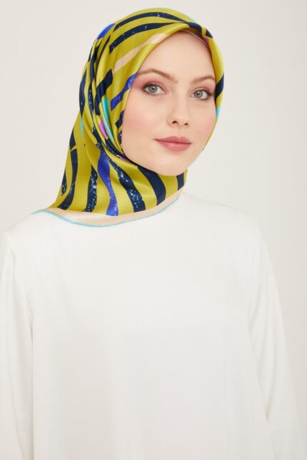 Armine Yağ Yeşili - Lacivert Çizgi Desen Tivil İpek Eşarp 9101 - 81