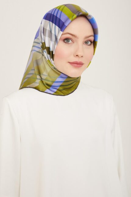 Armine Yeşil - Mavi Çizgi Desen Tivil İpek Eşarp 9107 - 51