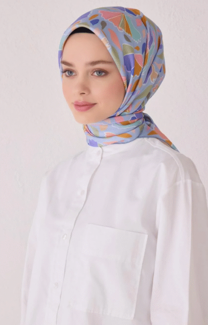 Belli Tivil Saf İpek Eşarp 4049 - 04 Mavi Karışık Desen