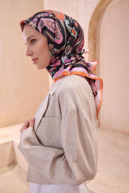 Belli Tivil Saf İpek Eşarp 4111 - 38 Siyah Karışık Desen