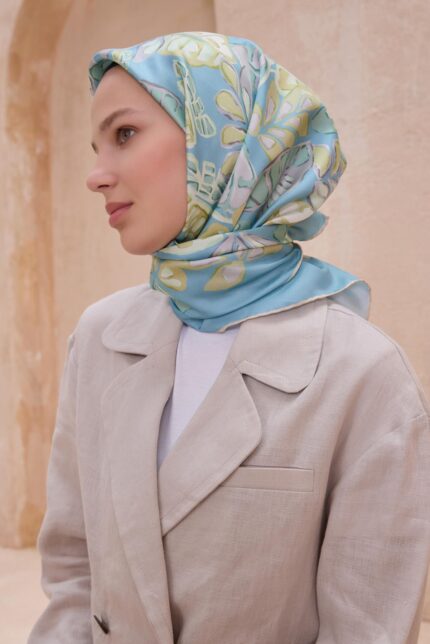 Belli Tivil Saf İpek Eşarp 4114 - 31 Mavi Karışık Desen