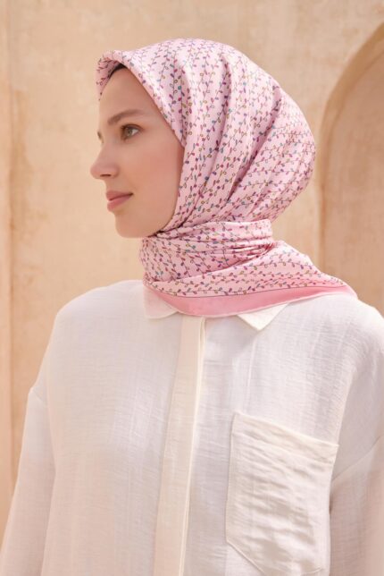 Belli Tivil Saf İpek Eşarp 4128 - 81 Pembe Karışık Desen