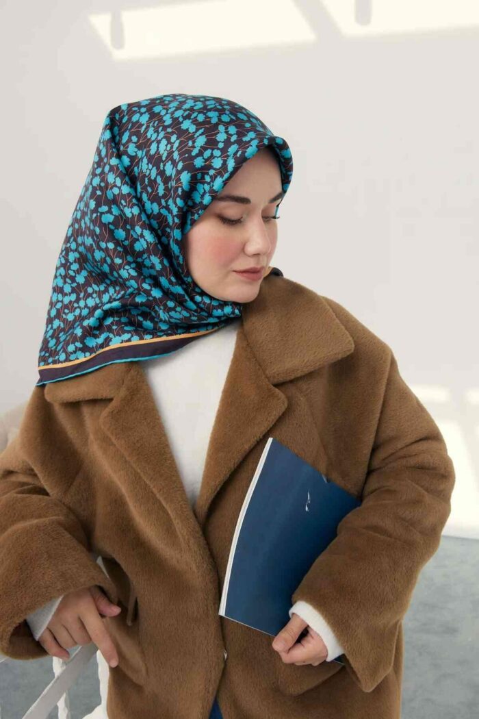 Silk Home Antrasit-Turkuaz Çiçek Desenli Tivil İpek Eşarp 11412-05 - Görsel 1