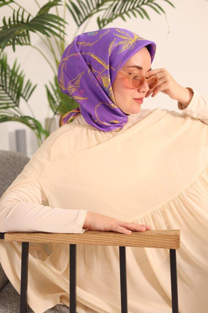 Silk Home Eflatun Sarı Desenli Tivil İpek Eşarp 11433-30 - Görsel 1