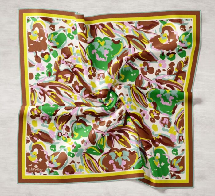 Silk Home Kahve-Sarı Desenli Tivil İpek Eşarp 11405-16 - Görsel 1