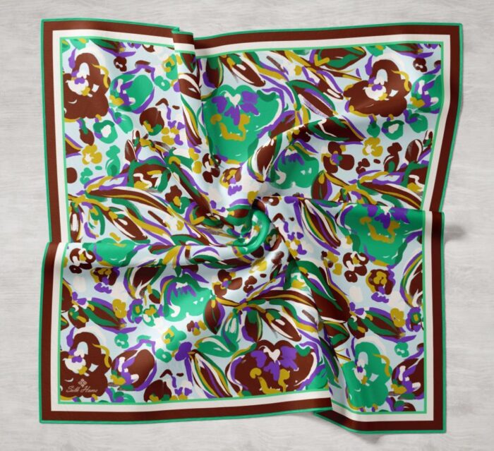 Silk Home Kahve-Yeşil Desenli Tivil İpek Eşarp 11405-36 - Görsel 1