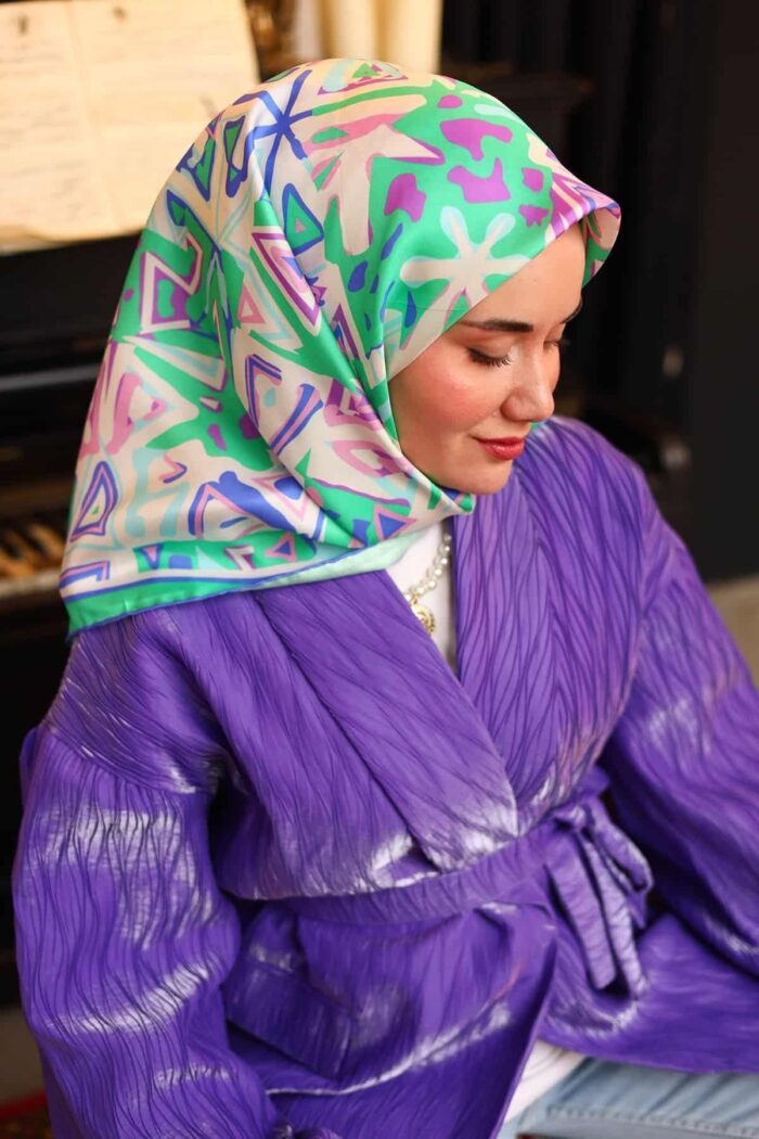 Silk Home Mavi Yeşil Karma Desen Tivil İpek Eşarp 11427-19 - Görsel 1