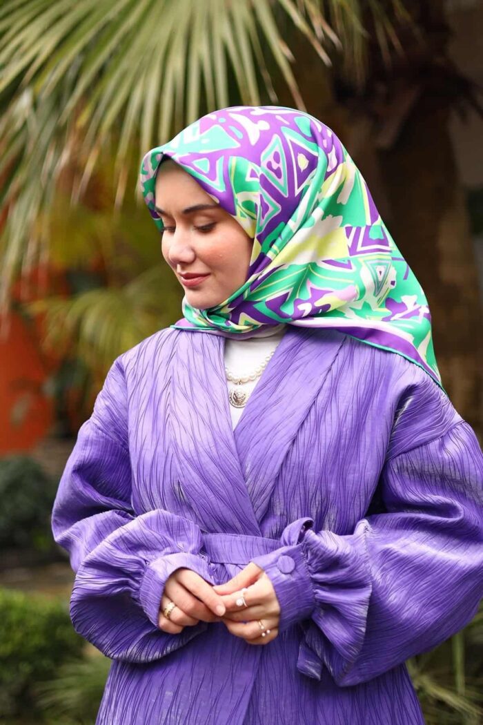 Silk Home Mor Yeşil Karma Desen Tivil İpek Eşarp 11427-15 - Görsel 1