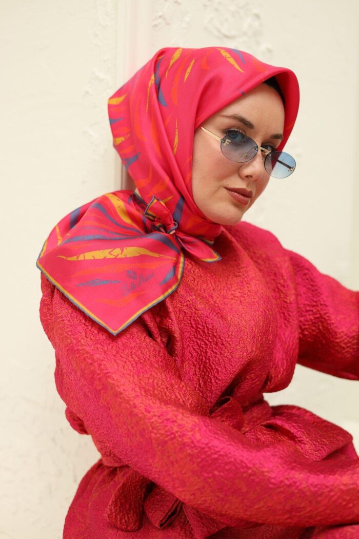 Silk Home Pembe Turuncu Desenli Tivil İpek Eşarp 11432-54 - Görsel 1