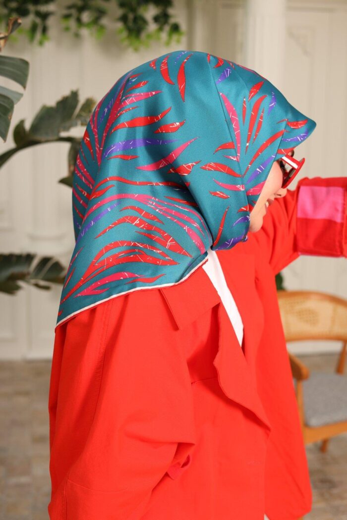 Silk Home Petrol Yeşili Pembe Desenli Tivil İpek Eşarp 11432-59 - Görsel 1