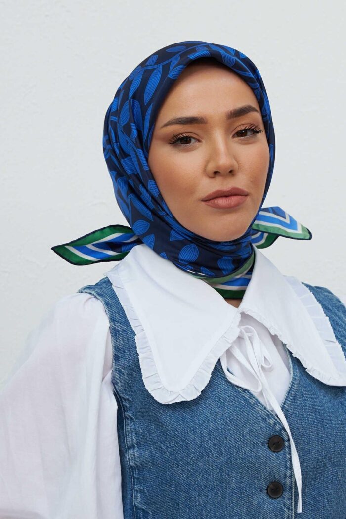 Silk Home Saks Mavi Yaprak Desenli Sura İpek Eşarp 11397-04 - Görsel 1