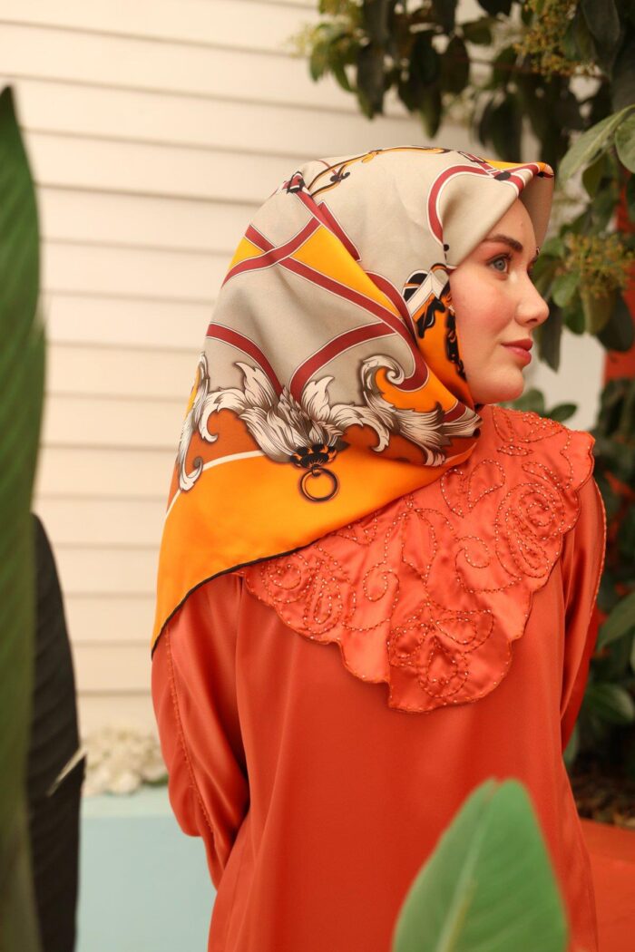 Silk Home Tivil İpek Eşarp 11436-17 Turuncu Karışık Desen - Görsel 1