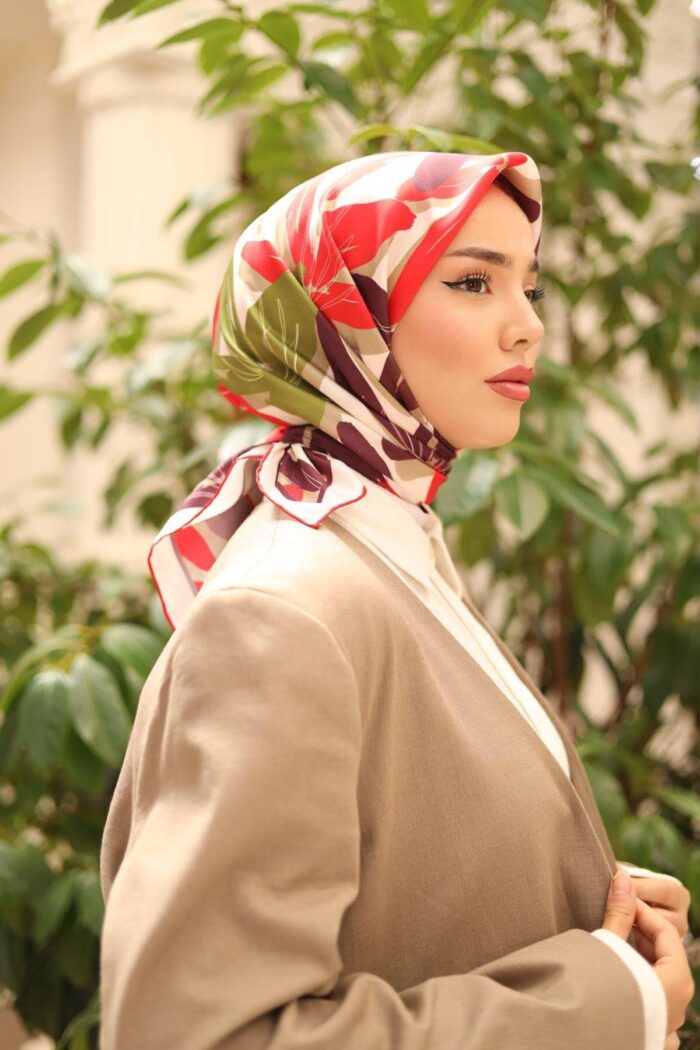 Silk Home Tivil İpek Eşarp 11439-26 Kırmızı Karışık Desen - Görsel 1