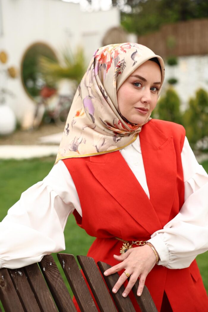 Silk Home Tivil İpek Eşarp 11467-35 Vizon Karışık Desen - Görsel 1