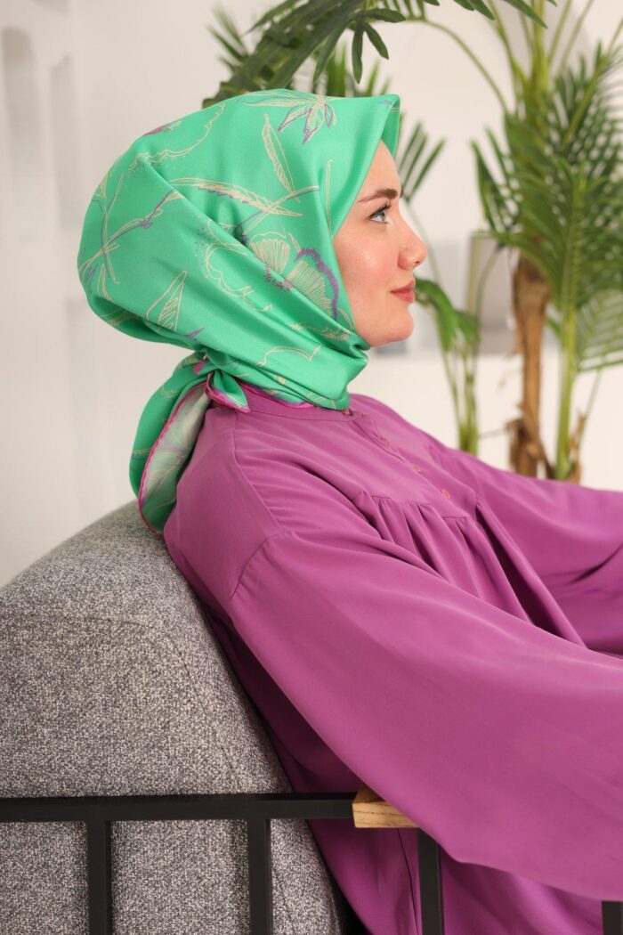 Silk Home Yeşil Pembe Desenli Tivil İpek Eşarp 11433-31 - Görsel 1