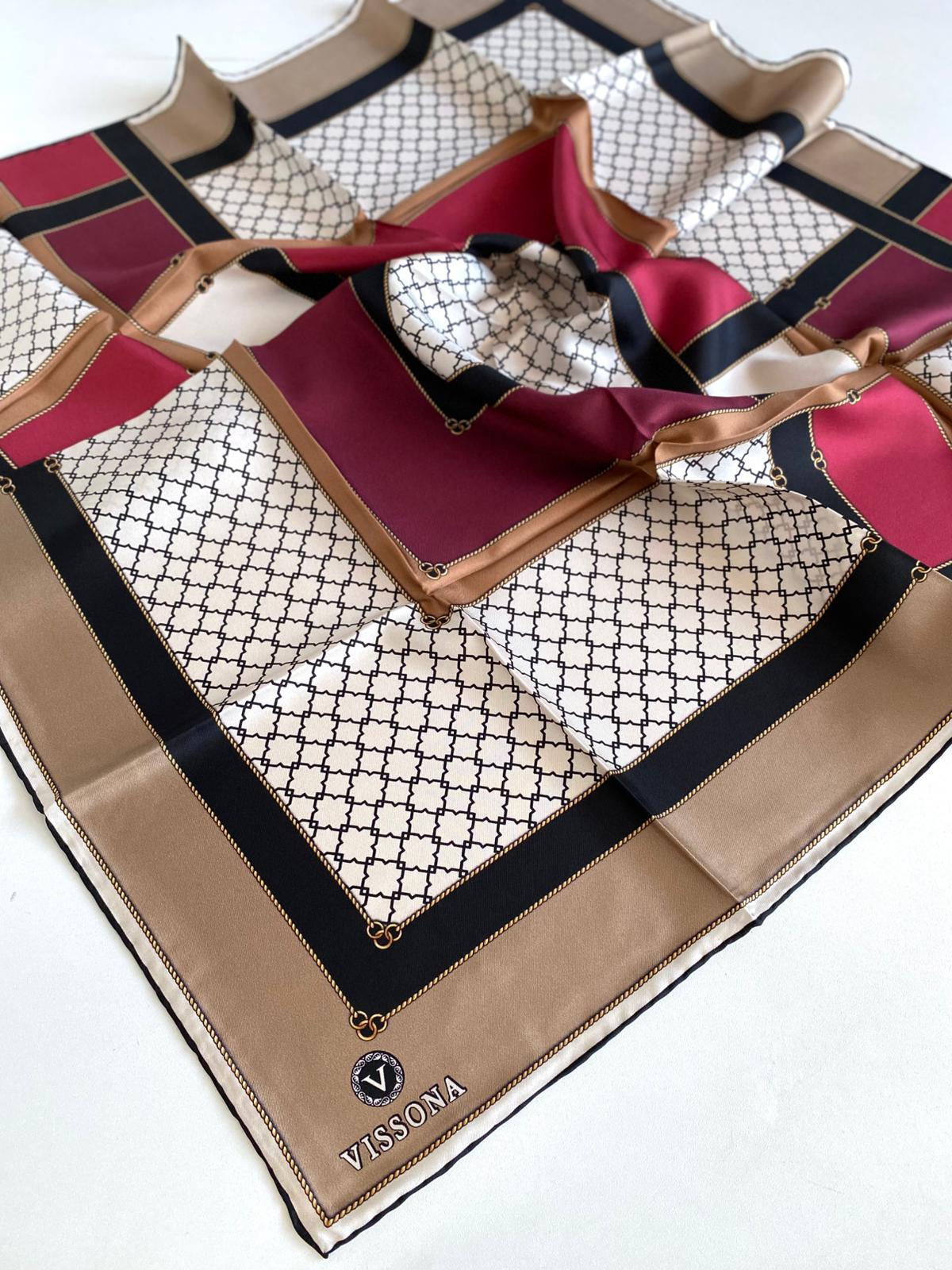 vissona-tivil-ipek-esarp-10663-3-0004-b860-4 Vissona Tivil İpek Eşarp 10663 - 3 - 0004 - 0018 Vizon Karışık Desen - Görsel 1