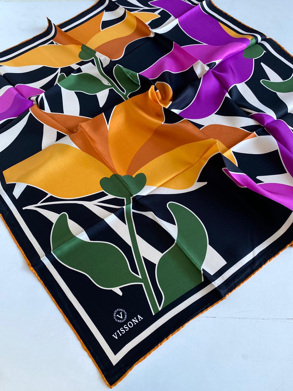 vissona-tivil-ipek-esarp-60061-7-0024-f1047a Vissona Tivil İpek Eşarp 60061 - 7 - 0024 - 0009 Siyah Karışık Desen - Görsel 1