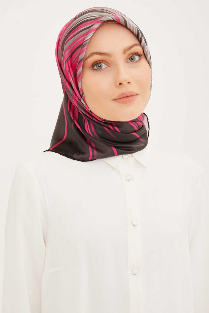 Armine Füme Fuşya Batik Çizgi Desenli Twill İpek Eşarp 8956-56 - Görsel 1