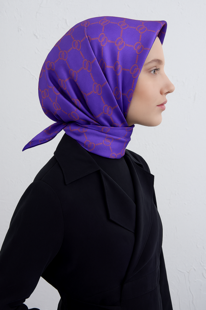 Armine Lila Monogram Desen Tivil İpek Eşarp 9178-07 - Görsel 1