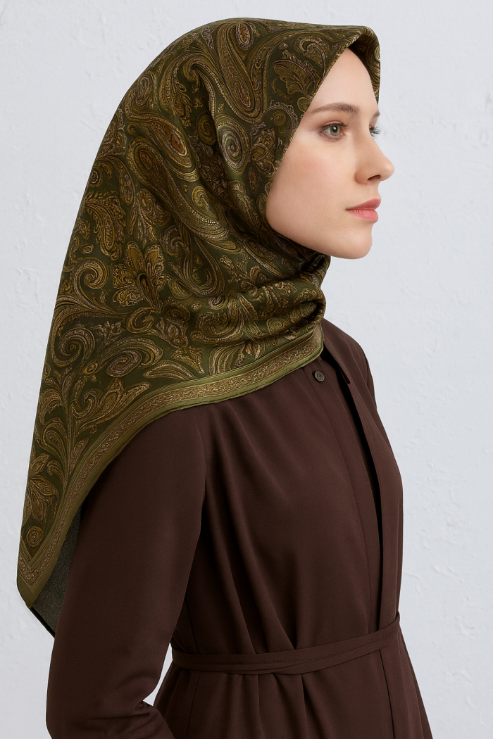 Armine Sura Saf İpek Eşarp 9421 - 52 Yeşil Karışık Desen - Görsel 1