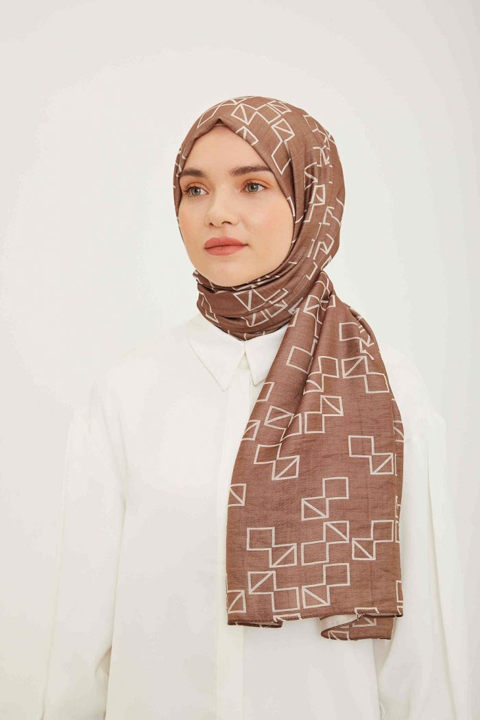 Armine Trend Acı Kahve Geometrik Desen Pure Lina Şal 15-23034 - Görsel 1